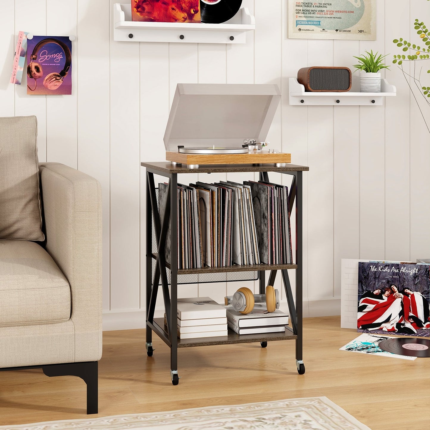 Turntable Record Player Stand with Builtin Charging Station and Divider-Grey