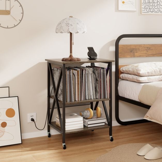 Turntable Record Player Stand with Builtin Charging Station and Divider-Grey