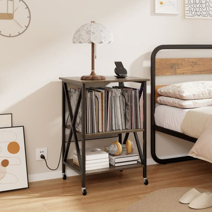 Turntable Record Player Stand with Builtin Charging Station and Divider-Grey