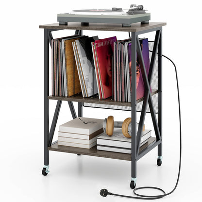 Turntable Record Player Stand with Builtin Charging Station and Divider-Grey