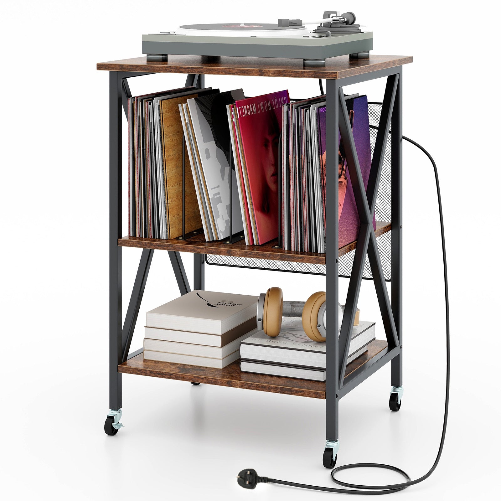 Turntable Record Player Stand with Builtin Charging Station and Divider-Rustic Brown
