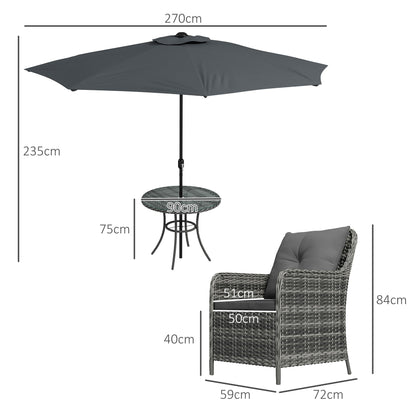 Outsunny 6 Pieces Garden Dining Set, 4 Seater Rattan Dining Set Outdoor with Umbrella, Cushions, Tempered Glass Top Table