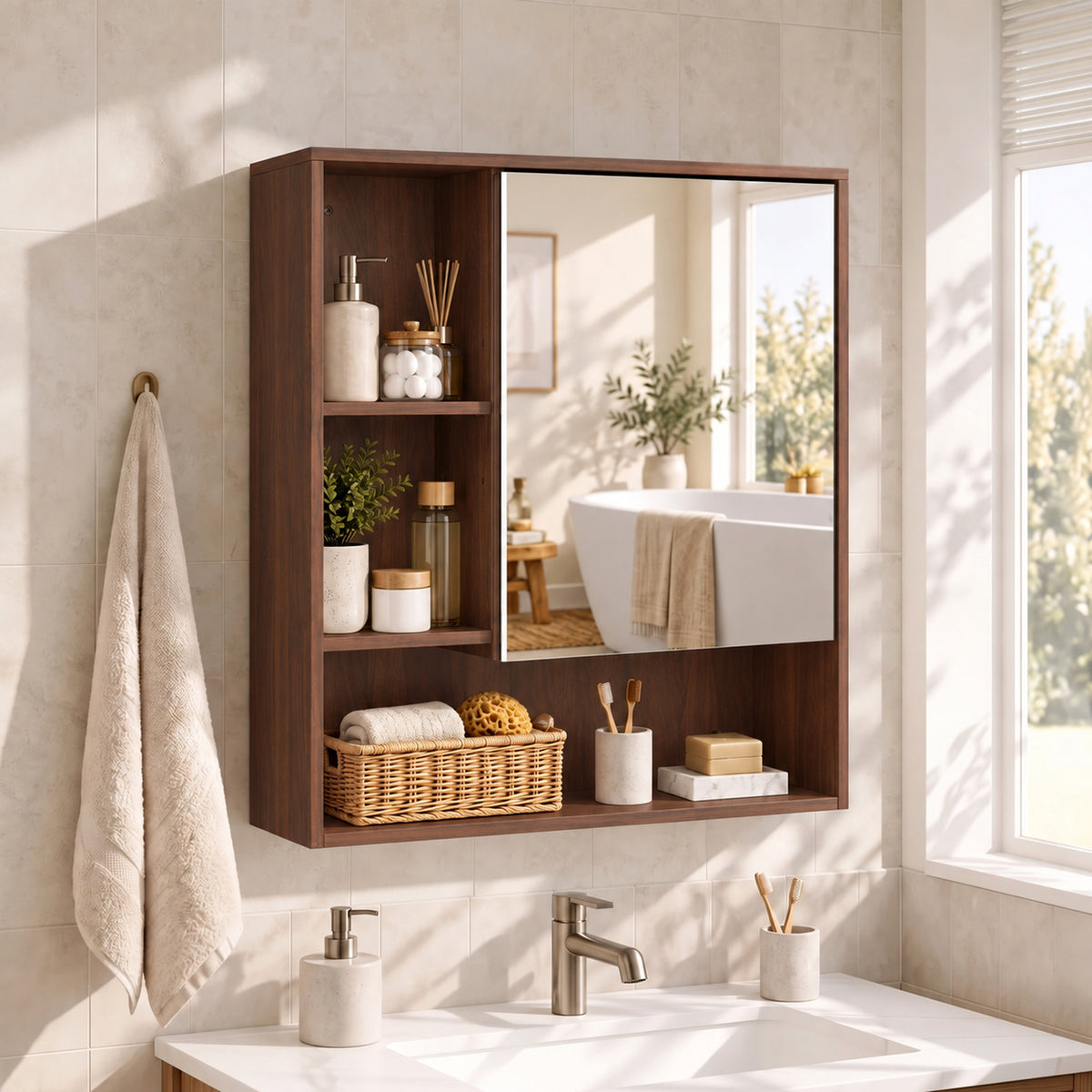 HOMCOM Bathroom Mirror Cabinet, Wall-Mounted Bathroom Cabinet with Mirror Door, Adjustable Shelves, Walnut Brown