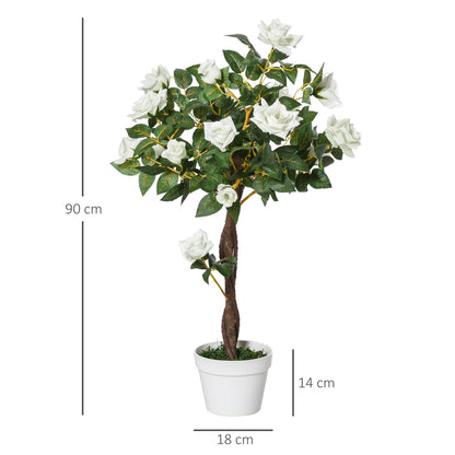Outsunny Artificial Plants White Rose Floral in Pot, Fake Plants for Home Indoor Decor, 90cm