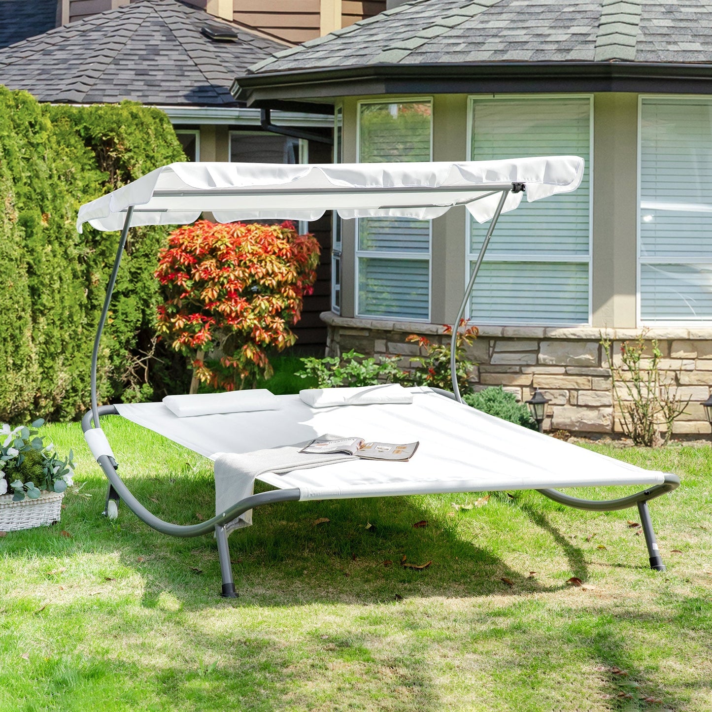 Outsunny Double Sun Lounger with Adjustable Detachable Canopy, Portable Garden Daybed for 2 with Wheels, Outdoor Sunbed Hammock with 2 Pillows, 220 KG Max. Load, White