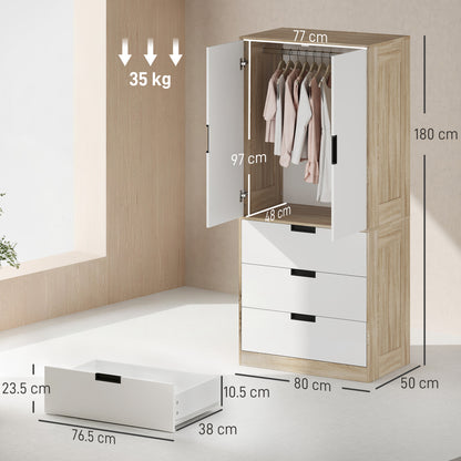 HOMCOM Modern Clothes Storage Cupboard Unit, 3 Drawer 2 Door Wardrobe with Hanging Rod, Oak