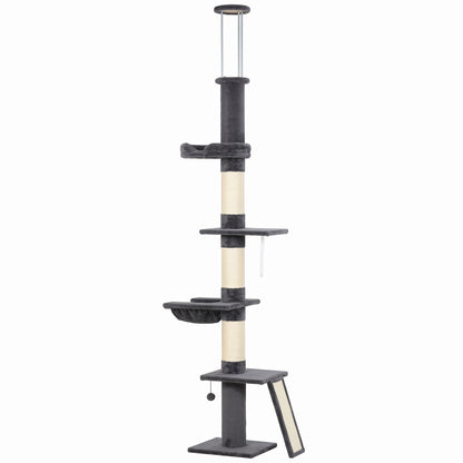 PawHut Floor to Ceiling Cat Tree, 230-260 cm Adjustable 5-Level Cat Tower with 3 Top Tension Rods, Bed, Hammock, Dark Grey