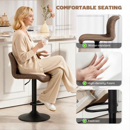 HOMCOM Bar Stools Set of 2, PU Leather Barstools with Backrest and Footrest for Kitchen, Counter, Breakfast Bar, Brown