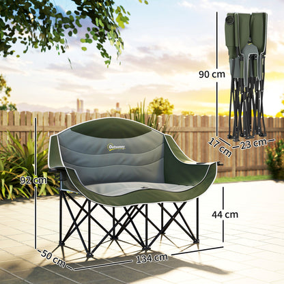 Outsunny Double Camping Chair for Adults with Armrests, Heavy Duty Oversized Padded Folding Chair with Carry Bag, Cup Holders for Outdoor Hiking Picnic Camping Fishing, 250kg Capacity, Green