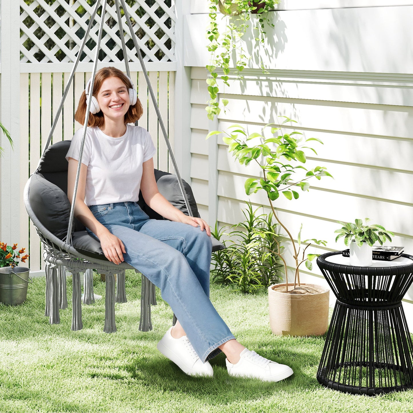 Outsunny Hanging Chair Outdoor Hammock Chair with Soft Cushion, Cotton Rope Boho Style Swing Chair, Hanging Garden Swing Seat for Indoor Outdoor, Dark Grey