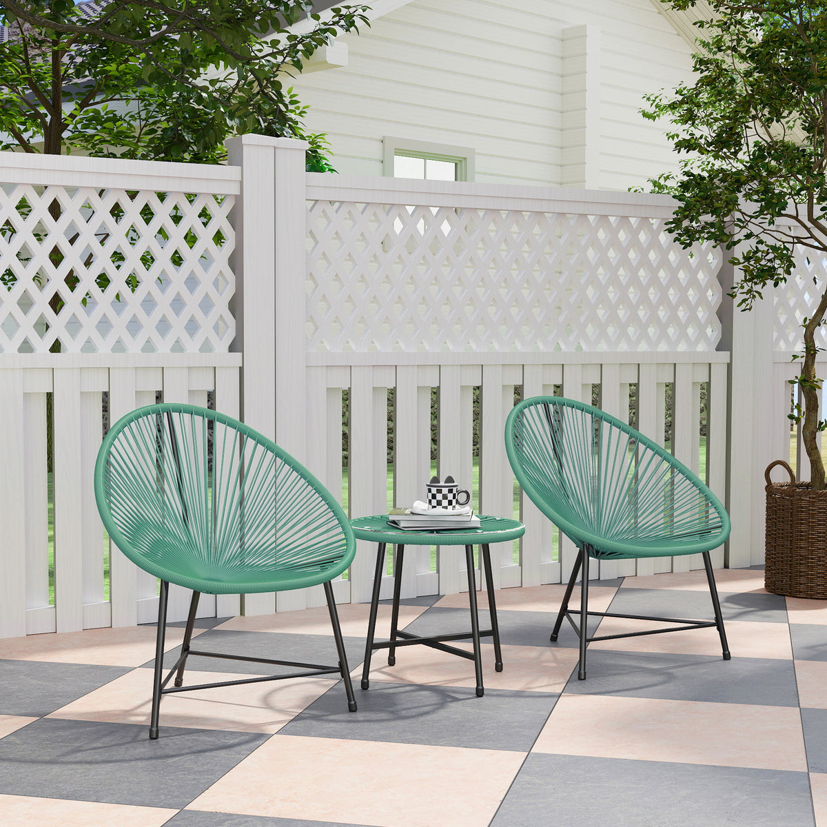 Outsunny Rattan Bistro Set with Acapulco Chairs and Glass Table, Green