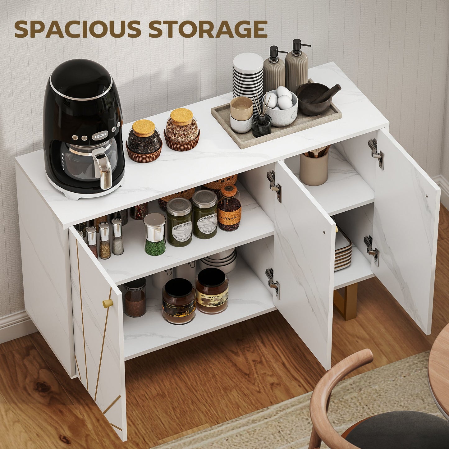 HOMCOM Sideboard Storage Cabinet, Modern Storage Cupboard with Adjustable Shelves and Metal Legs for Living Room, Kitchen, Dining Room, Entryway, White Marble Tone