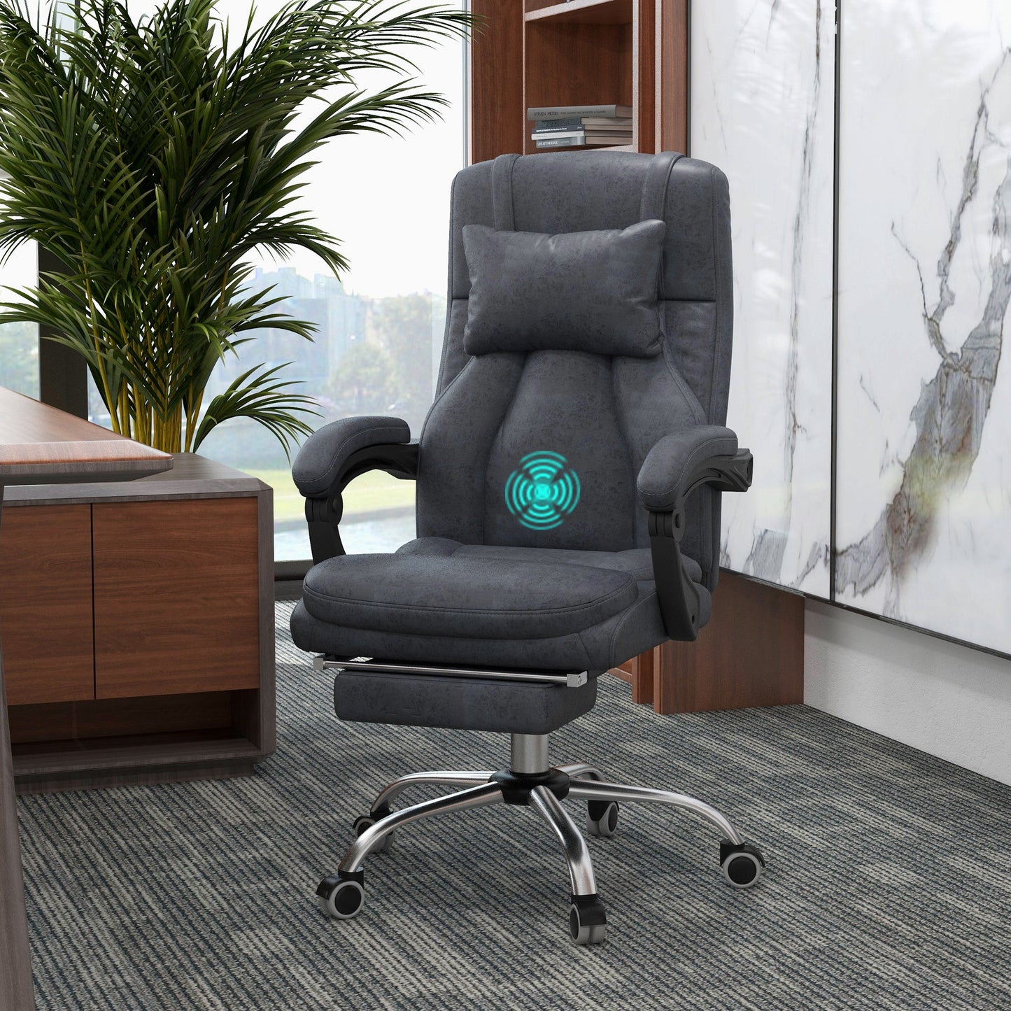 Vinsetto Office Chair with Lumbar Massage, 135¡ Reclining Computer Chair with Adjustable Headrest, Retractable Footrest, 10cm Double Padded Seat, Microfiber Fabric, Metal Base, Dark Grey