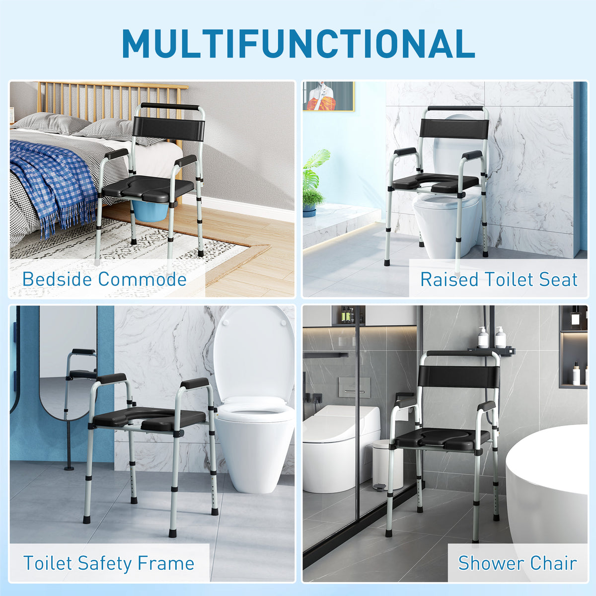 HOMCOM Commode Chair for Elderly with Arms and Back, Lightweight Non-Slip Commode w/ Removable Bucket, Height Adjustable, Black