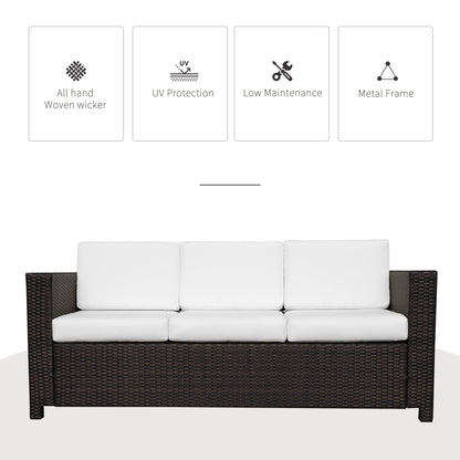 Outsunny 3 Seater Rattan Sofa, All-Weather Wicker Weave Metal Frame Chair with Fire Resistant Cushion, Brown