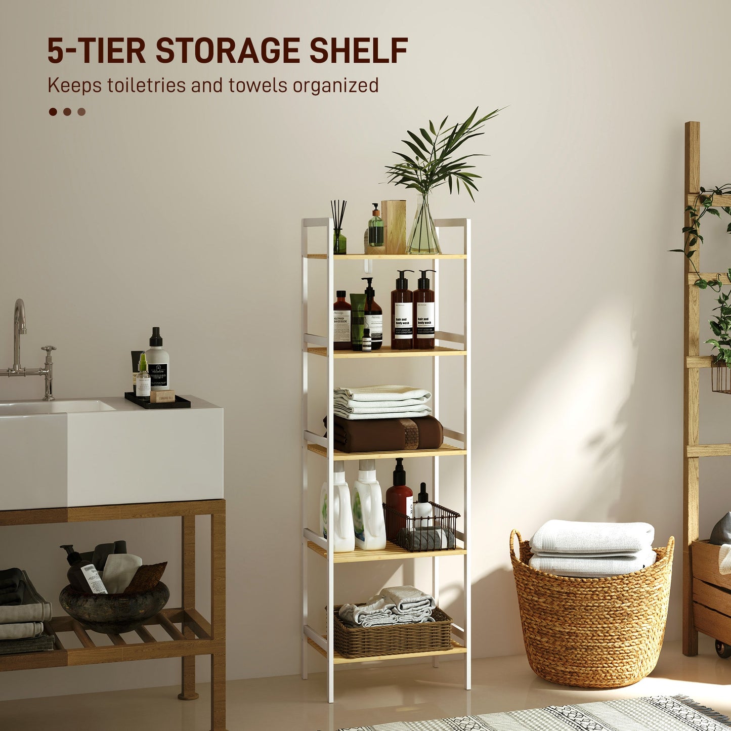 HOMCOM Five-Tier Bamboo Adjustable Shelf Storage Unit