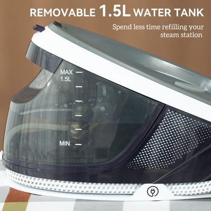 HOMCOM Steam Generator Iron with ECO Mode, Self-Cleaning, Powerful Vertical Steam, Automatic Shut-Off, Ceramic Non-stick Soleplate, Large 1.5L Detachable Water Tank, 8 Bar, 2600W, Blue