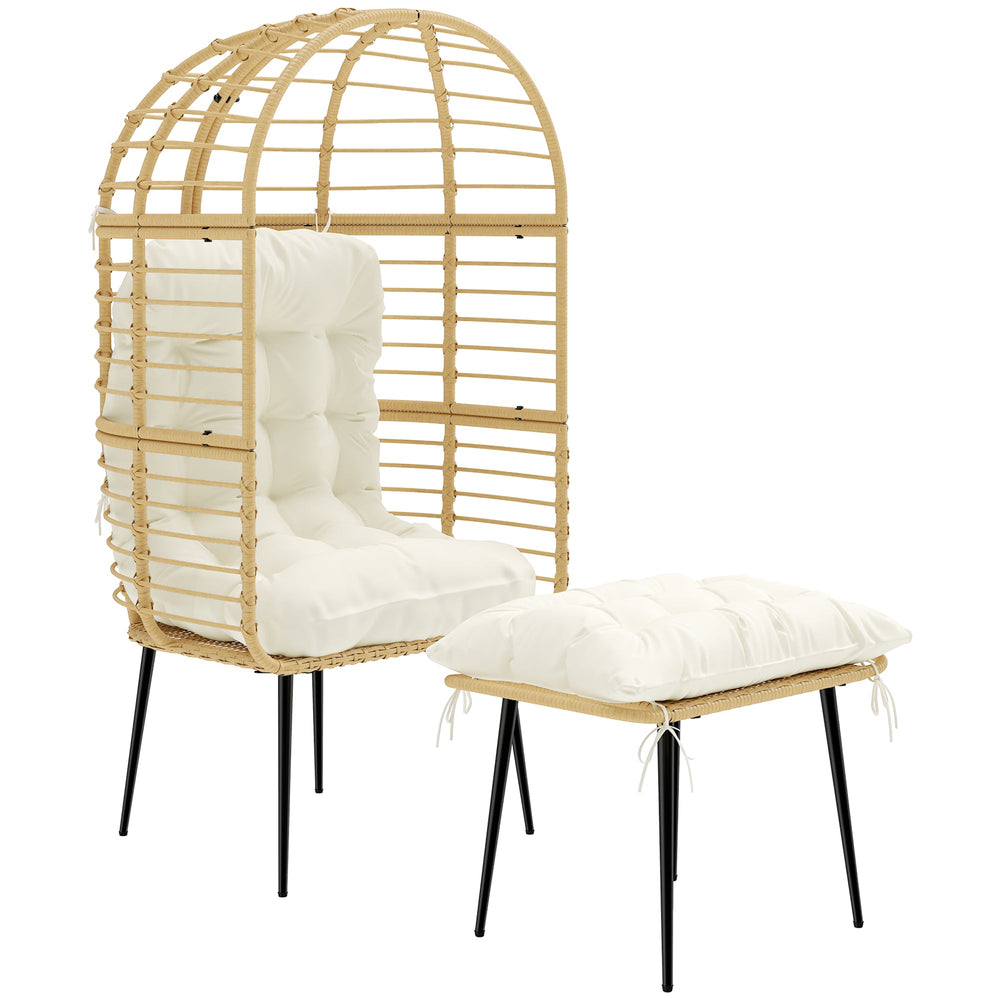 Outsunny Garden Egg Chair with Footstool, Rattan Indoor Outdoor Lounge Chair and Ottoman Set with Thick Cushions, Beige