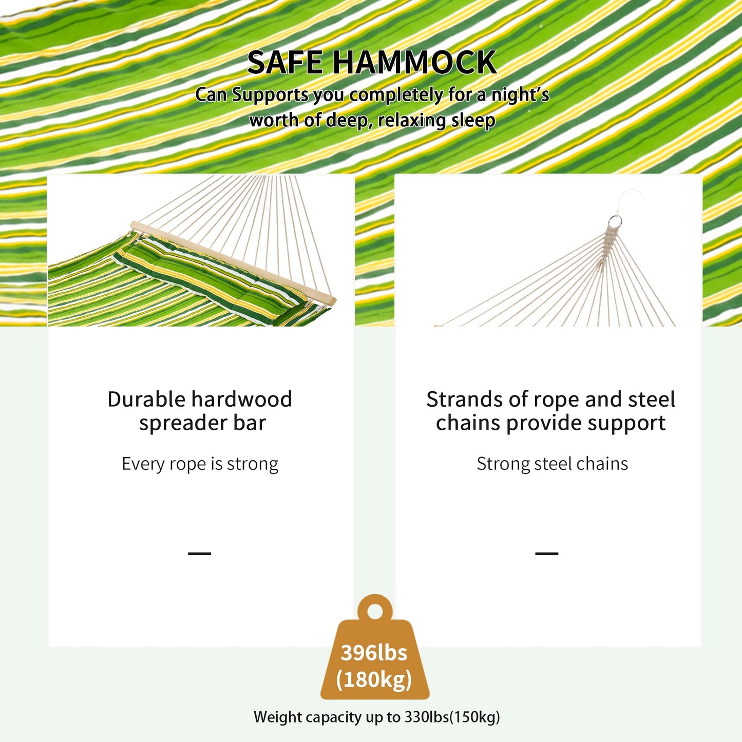 Outsunny Outdoor Garden Hammock with Stand, Double Cotton Hammock with Adjustable Steel Frame, Swing Hanging Bed with Pillow, for Garden, Patio, Beach, Green Stripes