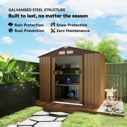Outsunny 7 x 4ft Lockable Metal Garden Tool Storage Shed, Outdoor Storage Shed with Foundation and vents, Light Brown