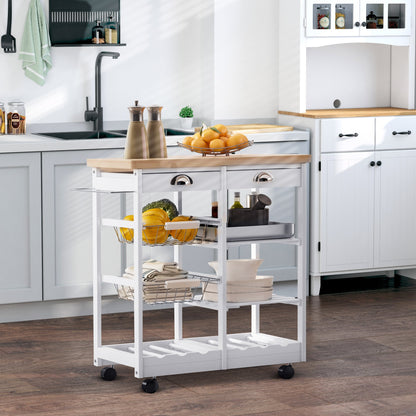 HOMCOM Rolling Kitchen Island Trolley Cart Drawer Shelves Basket Wheels W/ 6 Bottle Wine Rack White