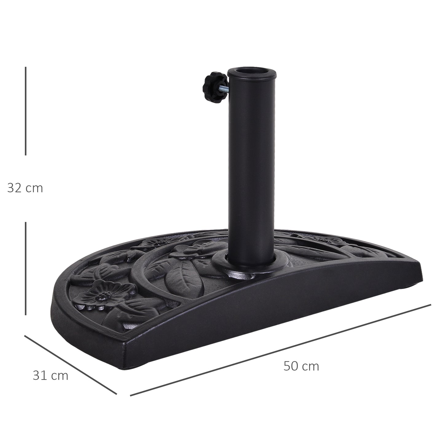 Outsunny 9kg Resin Parasol Base, Half Round Umbrella Stand with Floral Design for Garden, Outdoor, Suitable Umbrella Rod: Î¦3.8cm, Î¦4.8cm, Black