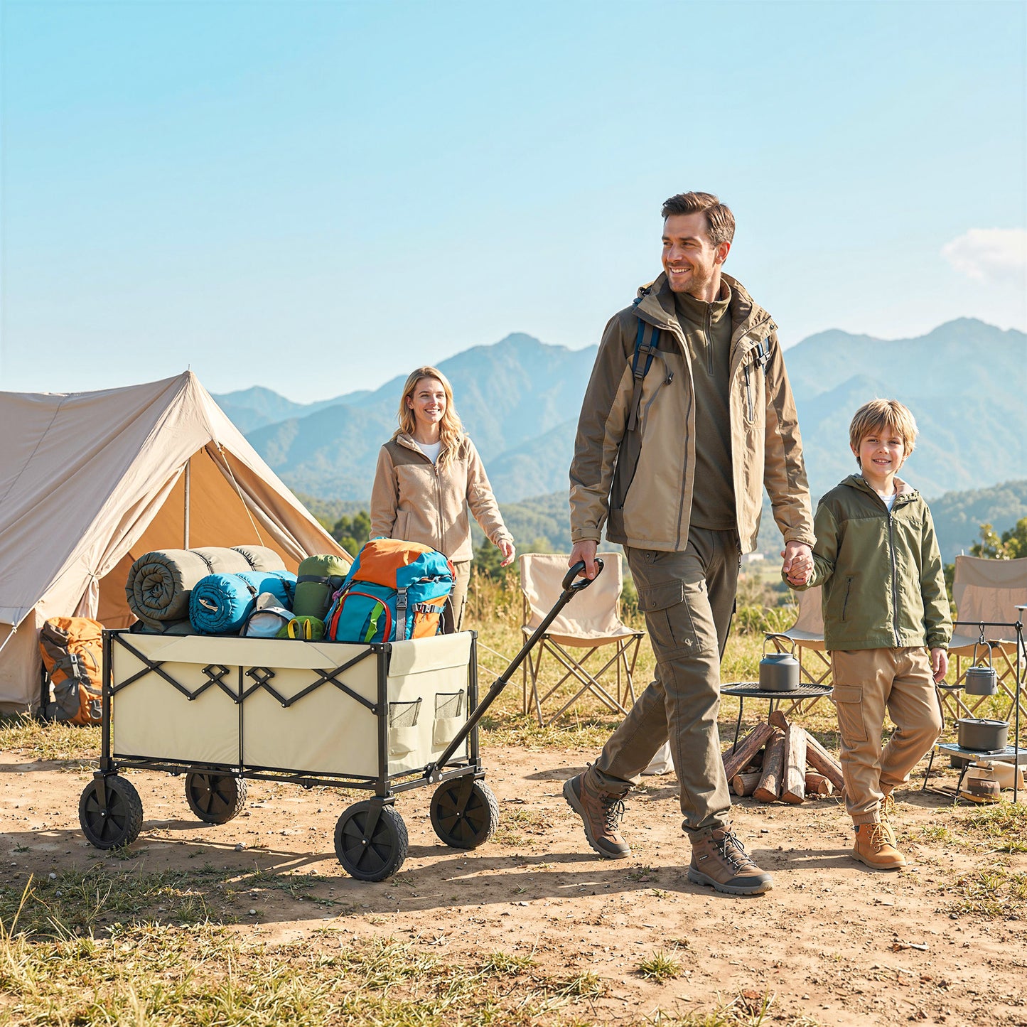 Outsunny 95L Foldable Festival Trolley on Wheels, Collapsible Wagon Cart with Adjustable Handle and 2 Cup Holders, Khaki