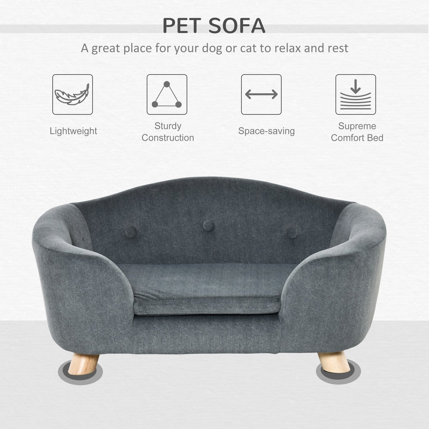 PawHut Dog Sofa Bed Pet Chair Couch with Water Resistant Fabric, Kitten Lounge with Soft Cushion, Wooden Frame for Mini Size Dogs - Grey