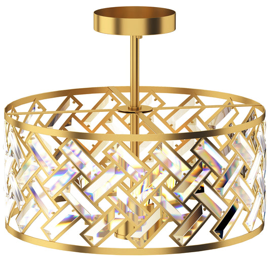 HOMCOM 3-Light Crystal Glass Ceiling Light, Modern Ceiling Lamp w/ 3 E14 Sockets for Living Room, Bulb Not Included, Gold Tone