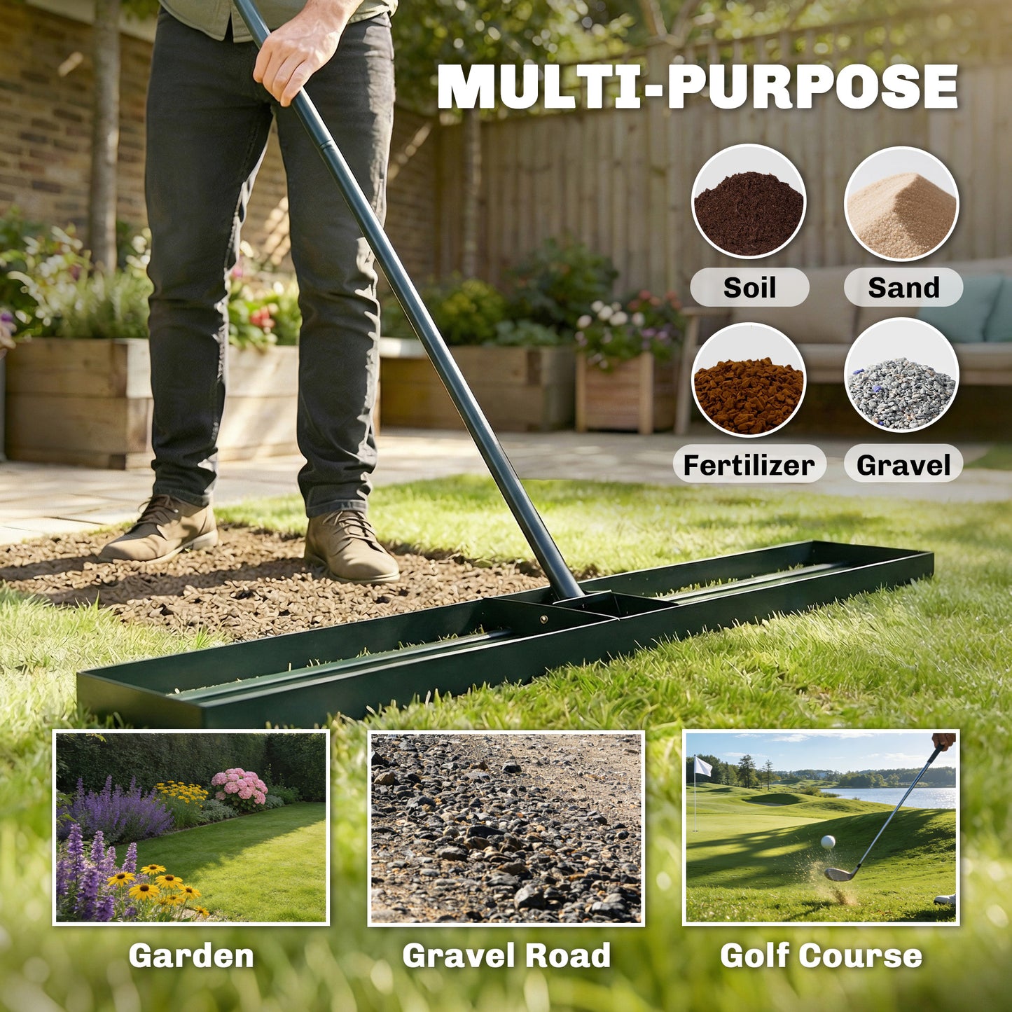 Outsunny Lawn Levelling Rake, 113 x 26 cm Lawn Leveller Lute with 169 cm Handle for Grass Soil Sand Yard Golf Course