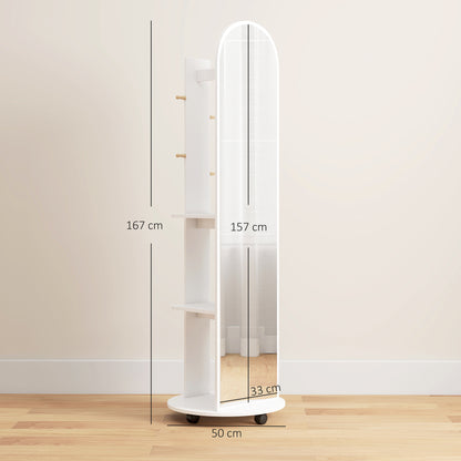HOMCOM 2-in-1 Full Length Mirror with Storage Shelves, Floor Mirror with 4 Wheels, Coat Rack, Hooks, White
