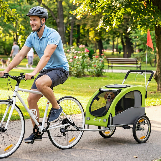 PawHut 2 in 1 Dog Bike Trailer, Foldable Pet Stroller, Dog Bicycle Trailer with Suspension, for Medium Dogs up to 20kg, Green
