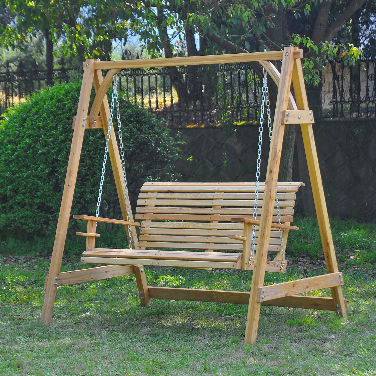 Outsunny 2 Seater Garden Swing Seat, Wooden Swing Chair Bench with Cup Holders for Outdoor Porch Patio, Natural