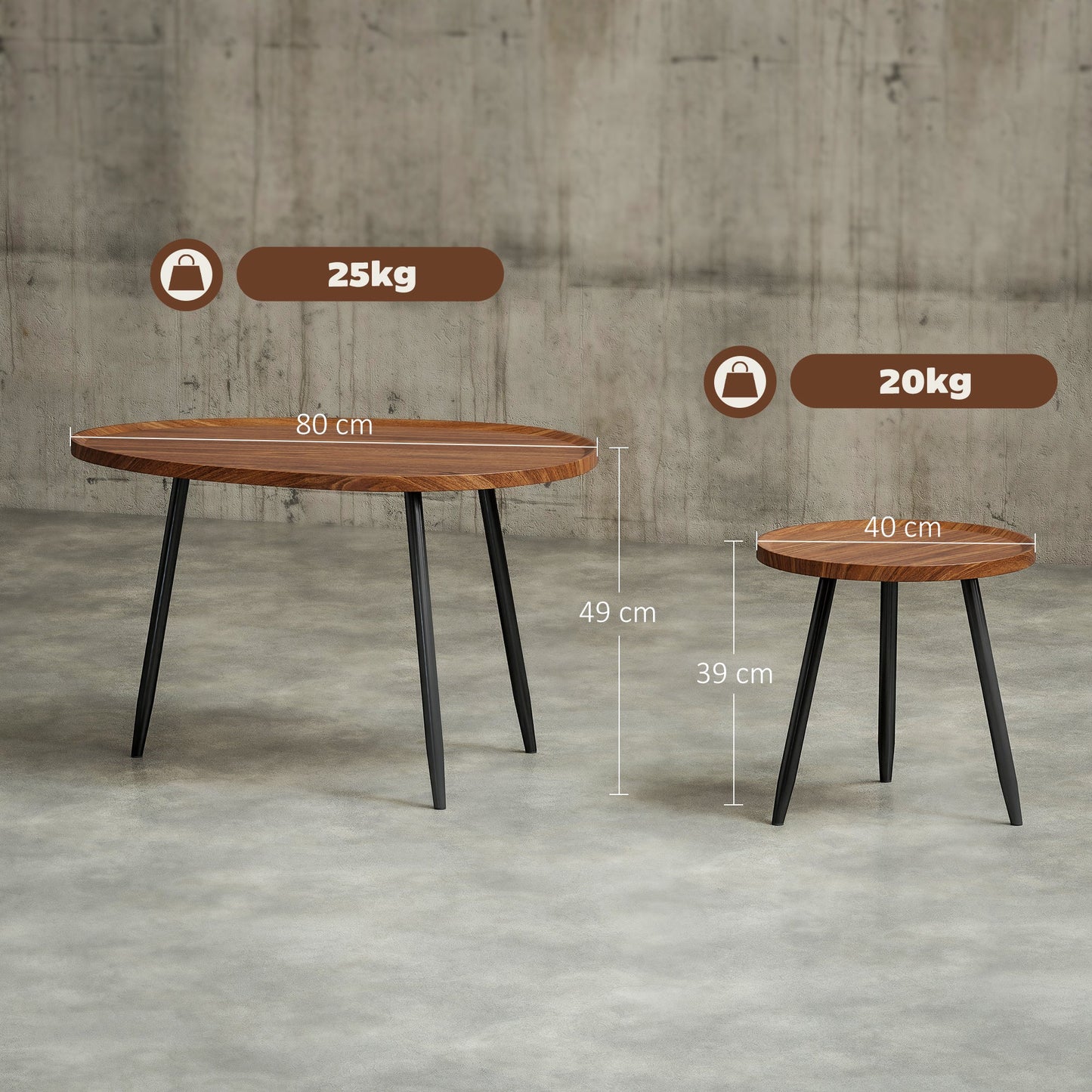 HOMCOM Nesting Coffee Table Set of 2, 80cm Modern Stacking End Side Table with Metal Legs for Living Room Bedroom Office, Chestnut Wood Effect