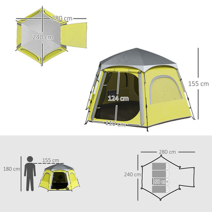 Outsunny Instant Pop Up Camping Tent, 2/3/4 Person Easy Setup Dome Family Tent with Vestibule, Rainfly, 4 Mesh Windows & 2 Doors, Hexagonal Design, Waterproof & UV Protected, Yellow Green