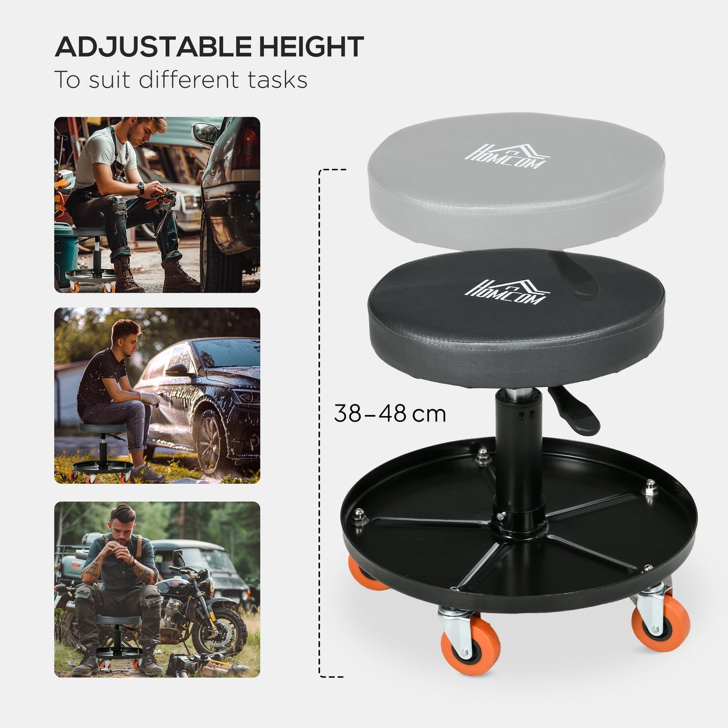 HOMCOM Workshop Stool, Pneumatic Adjustable Mechanic Stool, with Tool Tray, Wheels - Black