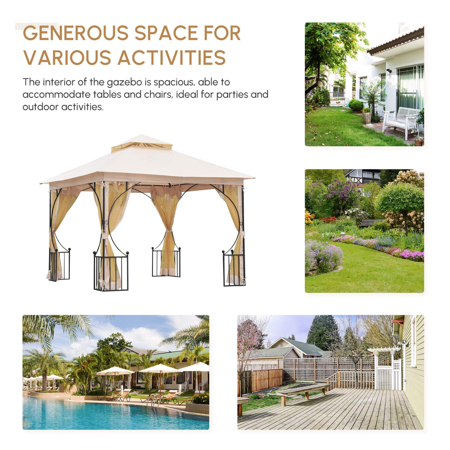 Outsunny 3 x 3(m) Garden Gazebo Patio Party Tent Shelter Outdoor Canopy Double Tier Sun Shade Metal Frame Netting, Beige