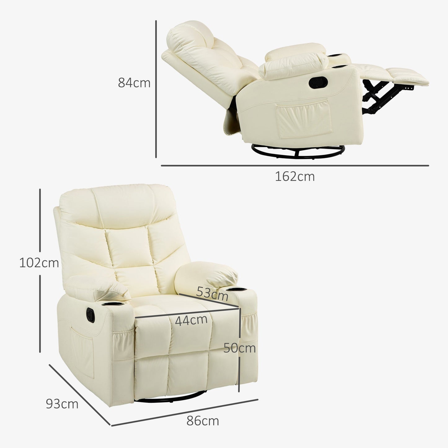 HOMCOM Manual Reclining Chair, Recliner Armchair with Swivel, Faux Leather, Footrest, Cup Holders, 86x93x102cm, Cream