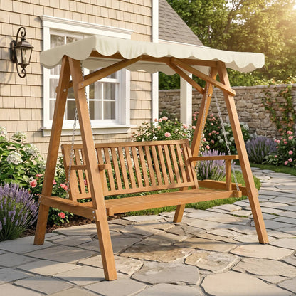 Outsunny 2 Seater Garden Swing Seat with Canopy, Wooden Swing Chair, Outdoor Hammock Bench for Balcony Patio Porch, Cream White