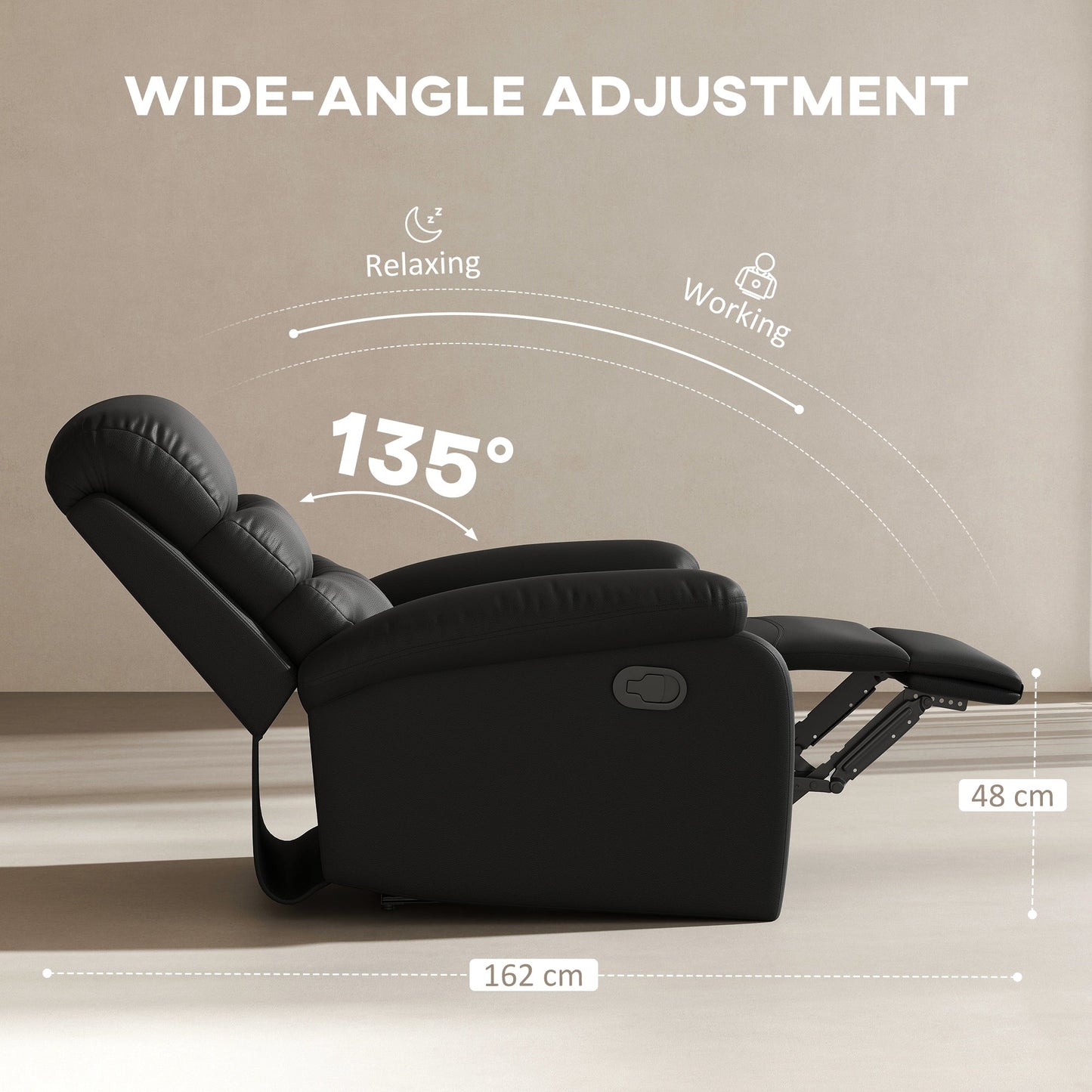 HOMCOM PU Leather Reclining Chair, Manual Recliner Chair with Padded Armrests, Retractable Footrest and Wood Frame, Black