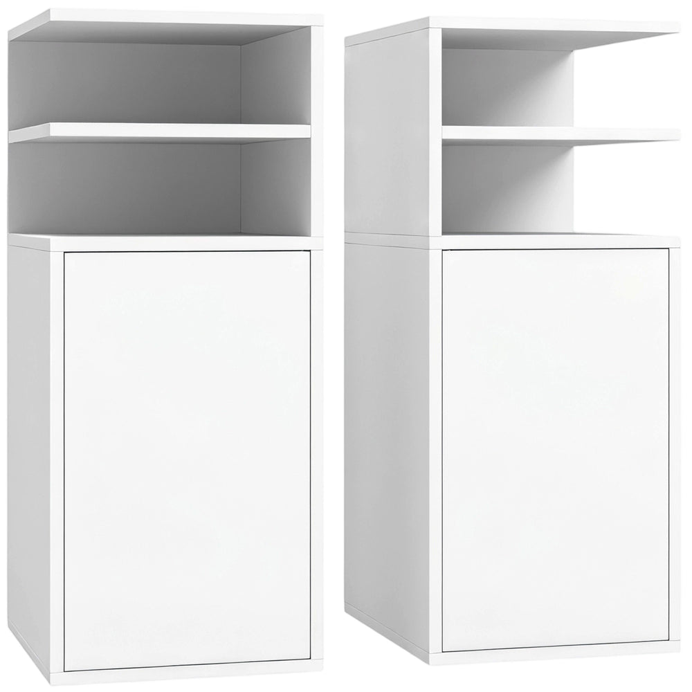 HOMCOM Slim Bedside Table Set of 2, Narrow Bedside Cabinet with Open Cubbies and Cupboard for Bedroom Living Room, White