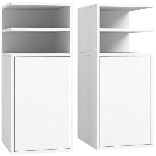 HOMCOM Slim Bedside Table Set of 2, Narrow Bedside Cabinet with Open Cubbies and Cupboard for Bedroom Living Room, White