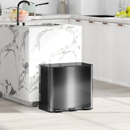 HOMCOM 3 x 15L Pedal Bin, Steel Triple Kitchen Bin with Soft Close Lid, Removable Inner Buckets, Fingerprint-Proof, Black