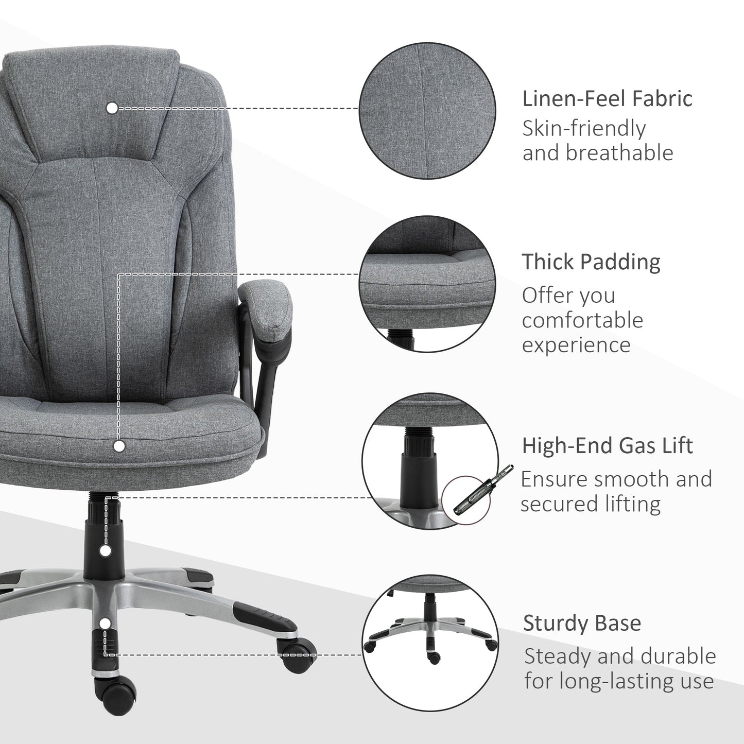 Vinsetto Swivel Chair Linen Fabric Home Office Chair, Height Adjustable Computer Chair with Padded Armrests and Tilt Function, Grey