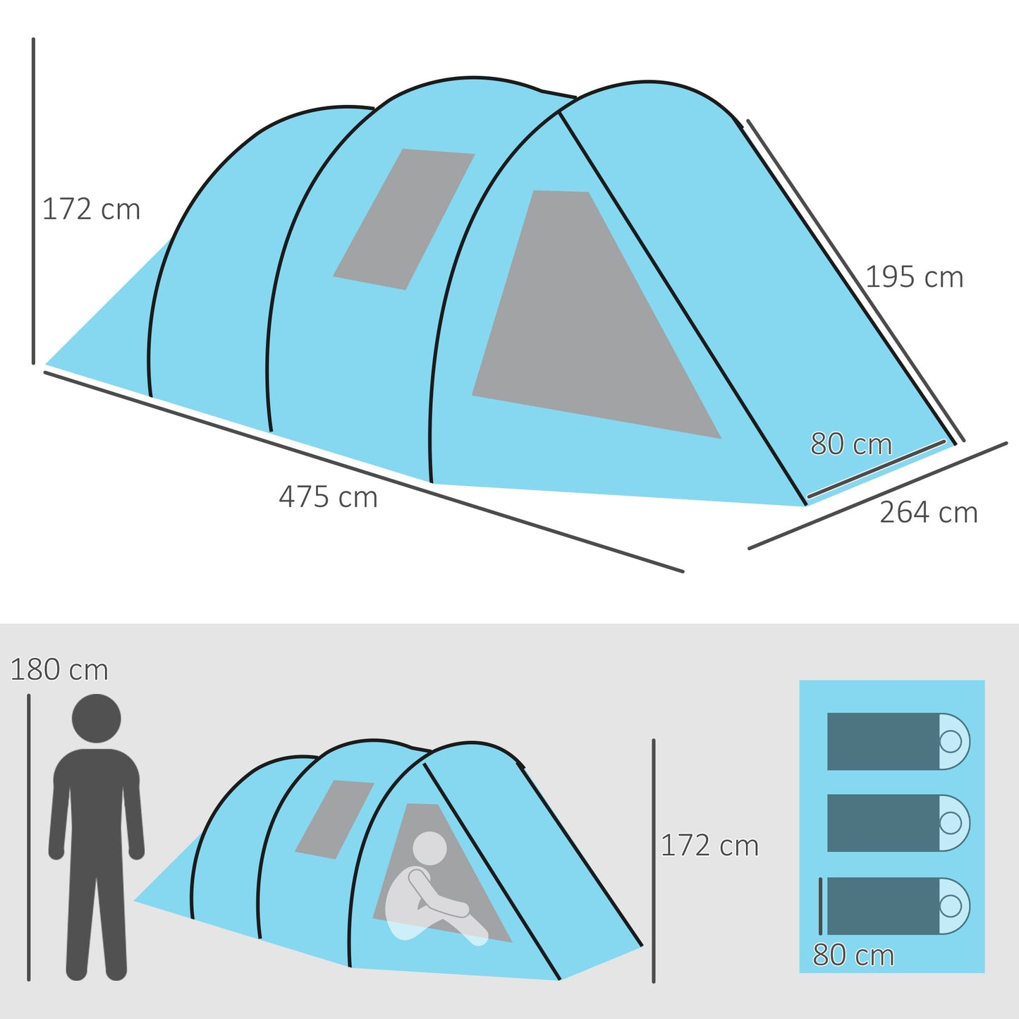 خيمة تخييم Outsunny 3-4 Man Tunnel Tent، خيمة تخييم من غرفتين مع نوافذ وأغطية، حقيبة حمل محمولة، للصيد والمشي لمسافات طويلة والرياضة والمهرجانات - أزرق