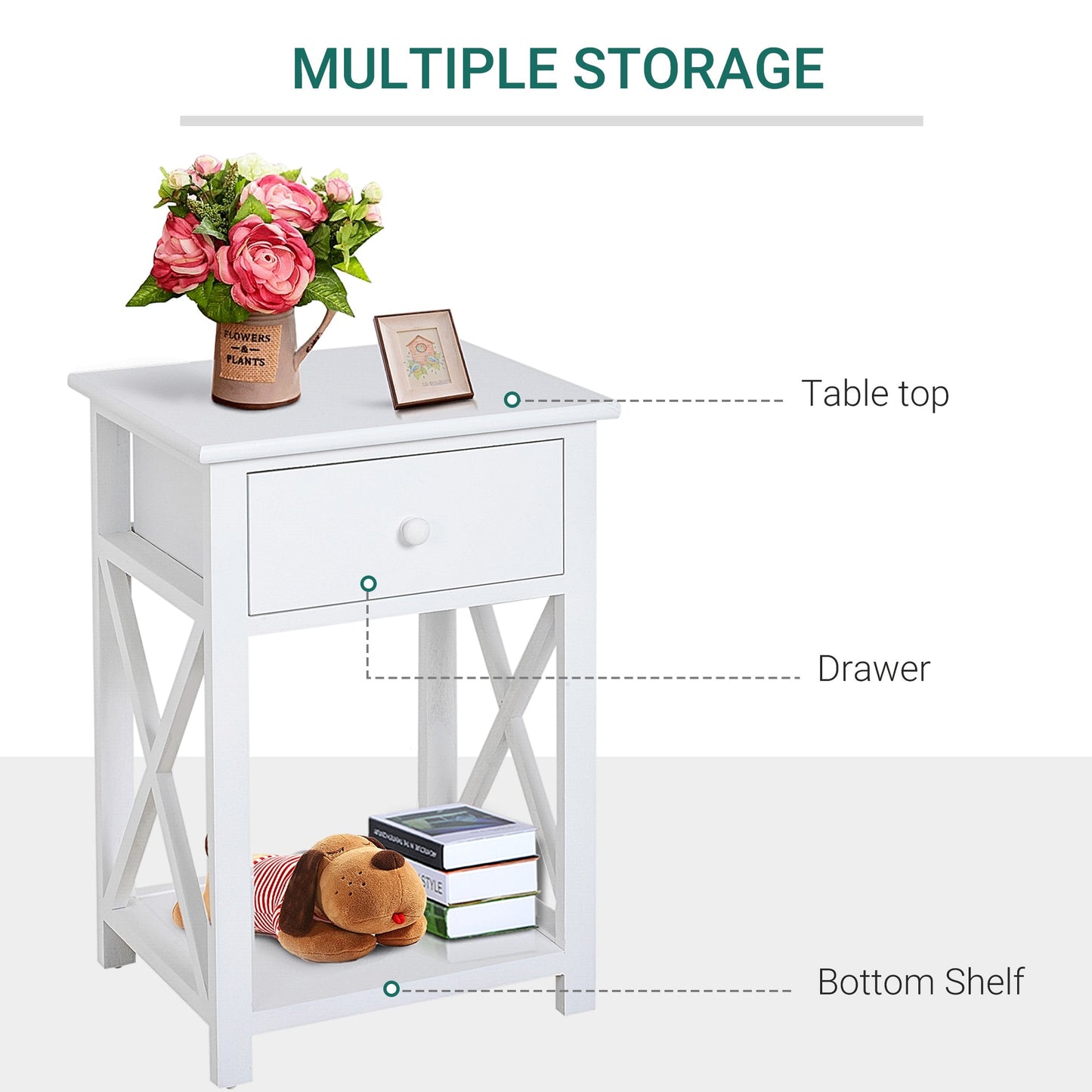 HOMCOM End Table, Sofa Side Table with Drawer X Bar Bottom Storage Shelf, Nightstand Bedside Table for Bedroom or Living Room White