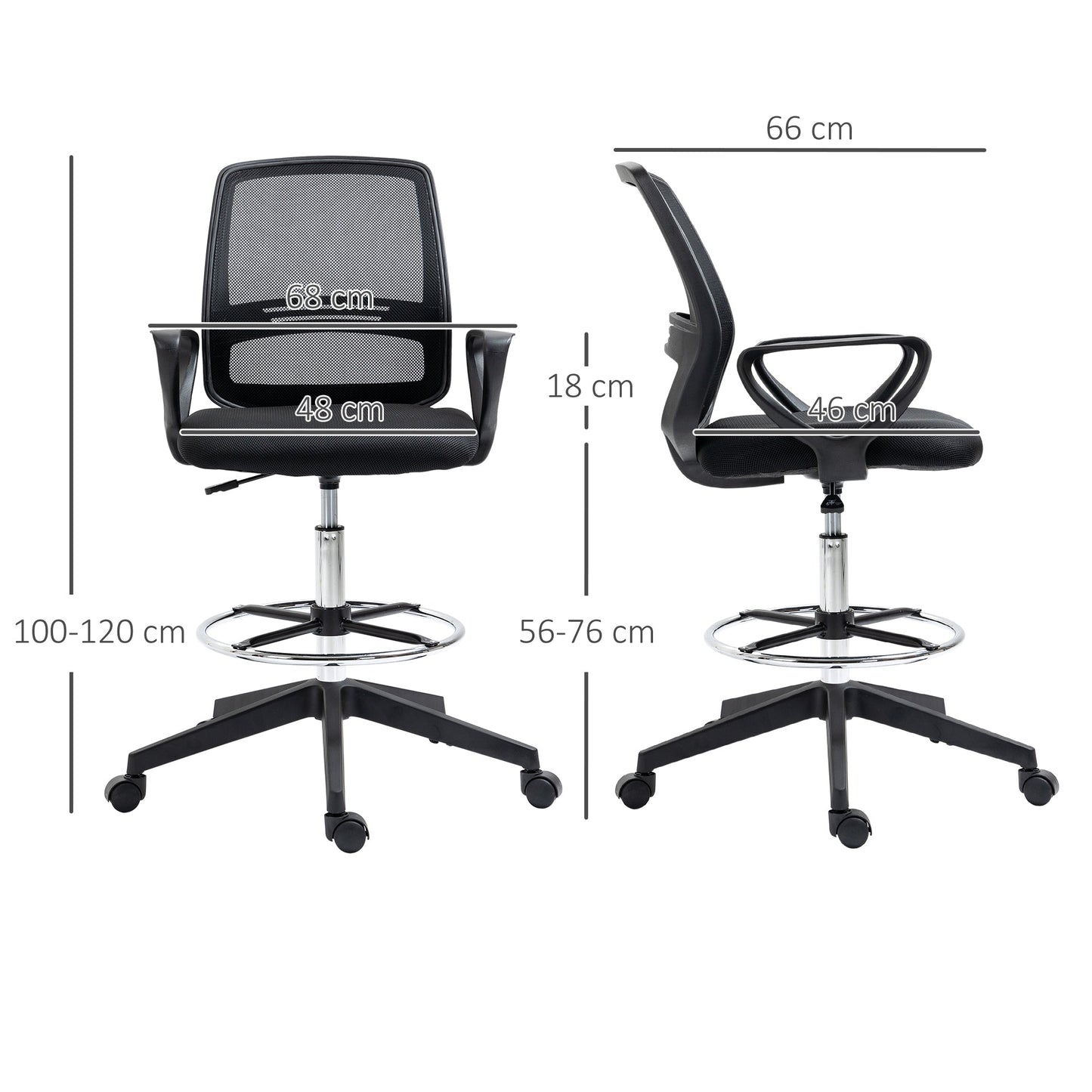 Vinsetto Drafting Chair, Ergonomic Tall Office Chair with Mesh Back, Lumbar Support, Adjustable Height and Foot Ring, Swivel Wheels, for Standing Desk, Black