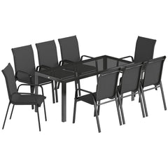 Outsunny 9 Pieces Garden Dining Set, Outdoor Table and Chairs Set for 8, Garden Furniture Set with Tempered Glass Top, Black
