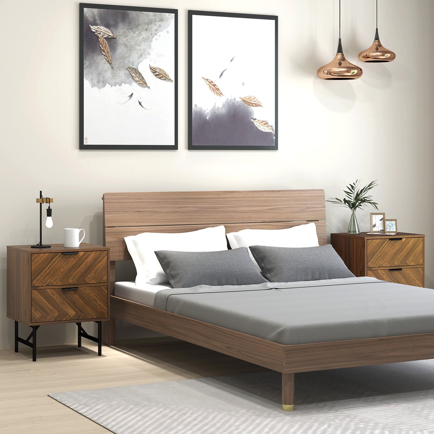 HOMCOM Bedside Table Set of 2 with 2 Drawers, Modern Side Tables with Herringbone Pattern and Metal Legs for Bedroom, Living Room, Walnut Brown