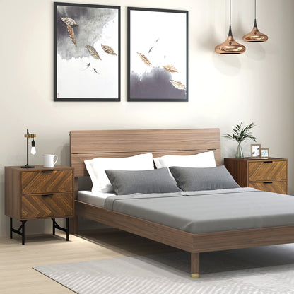 HOMCOM Bedside Table Set of 2 with 2 Drawers, Modern Side Tables with Herringbone Pattern and Metal Legs for Bedroom, Living Room, Walnut Brown